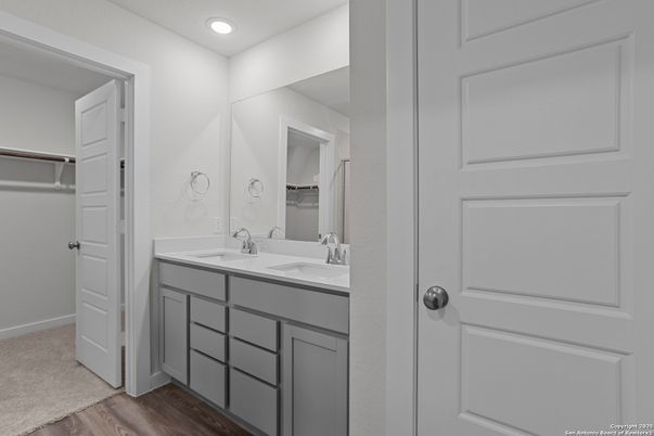 Bathroom, Dual Sink Vanities, Interior, Recessed Lighting, Wood Texture Flooring