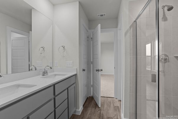 Bathroom, Dual Sink Vanities, Glass Shower, Interior, Wood Texture Flooring