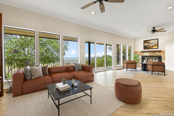 Fireplace, Interior, Living room, Recessed Lighting, Wood Texture Flooring