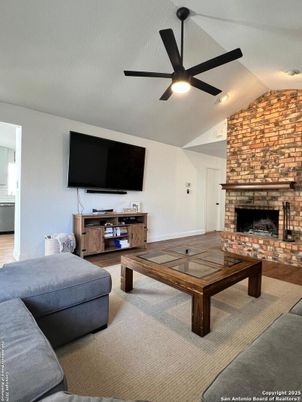 Fireplace, Interior, Living room, Recessed Lighting, Stone Walls