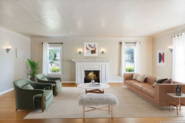 Fireplace, Interior, Living room, Recessed Lighting, Wood Texture Flooring