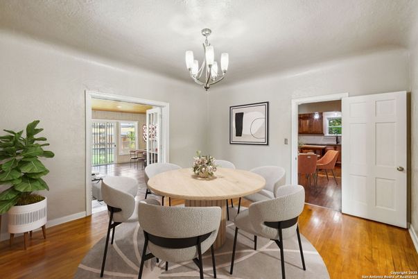 Chandelier, Dining room, Interior, Wood Texture Flooring