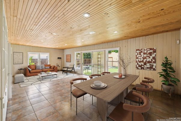 Dining room, Interior, Living room, Recessed Lighting, Wooden Ceilings