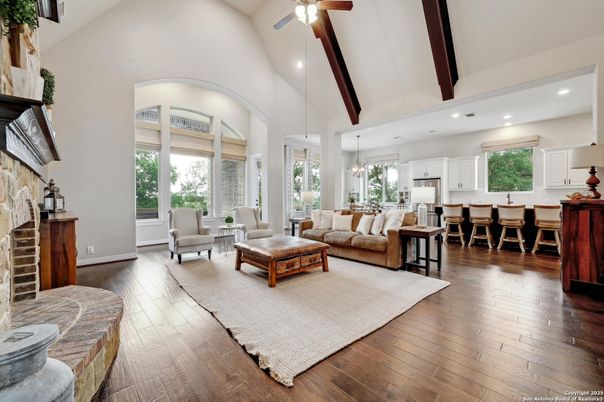 Dining room, Fireplace, Interior, Kitchen, Living room, Pendant Lights, Recessed Lighting, Wooden Beams, Wood Texture Flooring