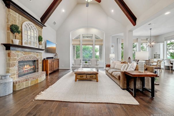 Dining room, Fireplace, Interior, Living room, Pendant Lights, Recessed Lighting, Wooden Beams, Wood Texture Flooring