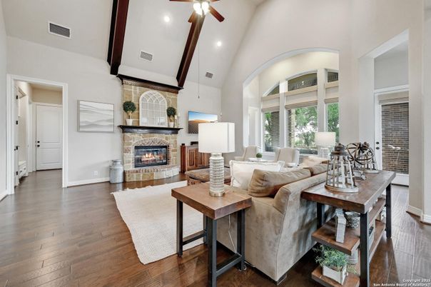Fireplace, Interior, Living room, Recessed Lighting, Stone Walls, Wooden Beams, Wood Texture Flooring