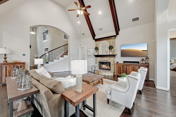 Fireplace, Interior, Living room, Recessed Lighting, Wooden Beams, Wood Texture Flooring