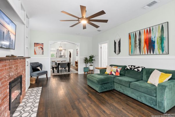 Dining room, Fireplace, Interior, Living room, Pendant Lights, Wood Texture Flooring