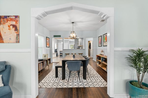 Dining room, Interior, Pendant Lights, Wood Texture Flooring
