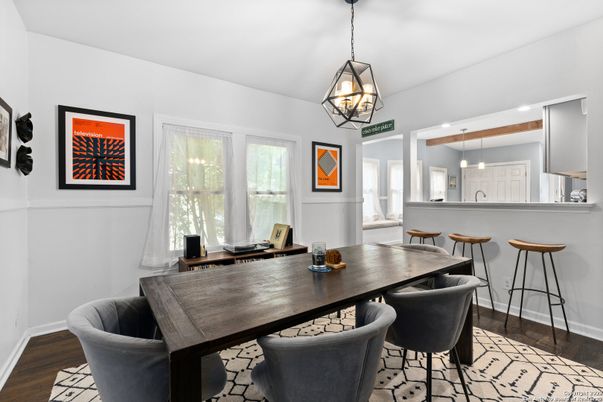 Dining room, Interior, Pendant Lights, Wood Texture Flooring