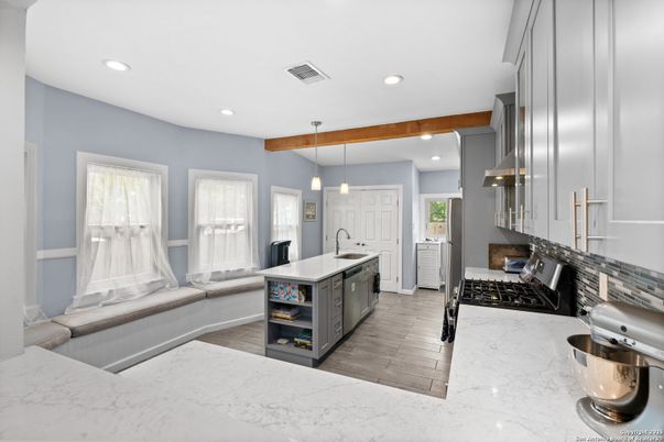 Interior, Kitchen, Pendant Lights, Recessed Lighting, Stainless Steel Appliances, Wooden Beams, Wood Texture Flooring