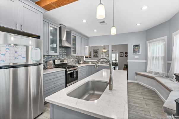 Interior, Kitchen, Pendant Lights, Recessed Lighting, Stainless Steel Appliances, Wood Texture Flooring
