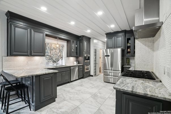 Interior, Kitchen, Marble, Pendant Lights, Recessed Lighting, Stainless Steel Appliances