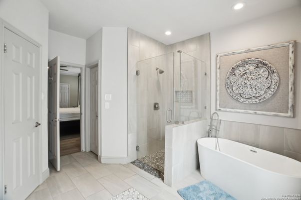 Bathroom, Free Standing Baths, Glass Shower, Interior, Recessed Lighting