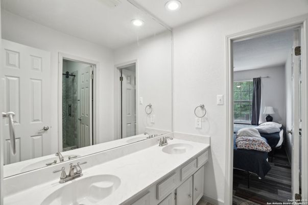 Bathroom, Bedroom, Dual Sink Vanities, Interior, Recessed Lighting, Wood Texture Flooring