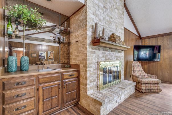 Fireplace, Interior, Stone Walls, Wood Texture Flooring, Wooden Walls