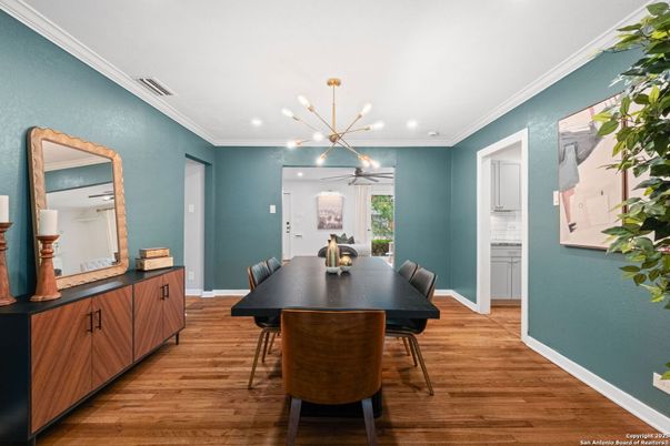Dining room, Interior, Pendant Lights, Recessed Lighting, Wood Texture Flooring