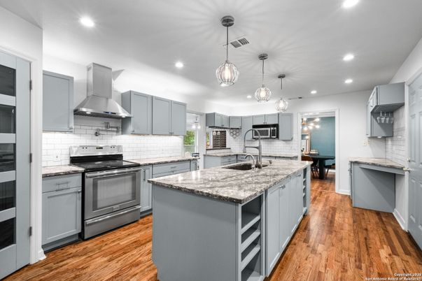 Interior, Kitchen, Pendant Lights, Recessed Lighting, Stainless Steel Appliances, Wood Texture Flooring
