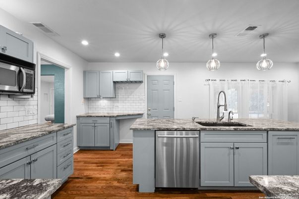 Interior, Kitchen, Pendant Lights, Recessed Lighting, Stainless Steel Appliances, Wood Texture Flooring