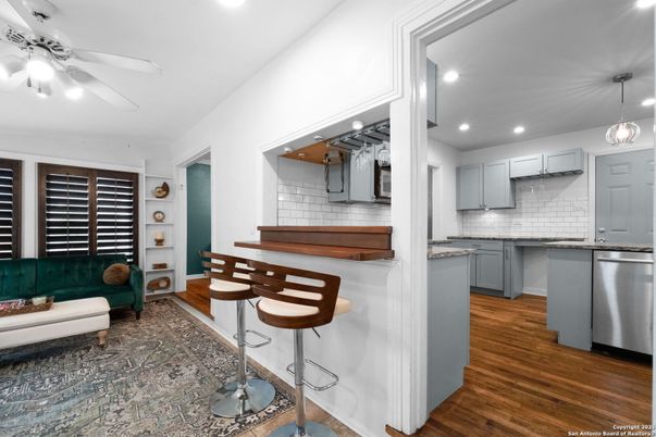 Interior, Kitchen, Pendant Lights, Recessed Lighting, Stainless Steel Appliances, Wood Texture Flooring