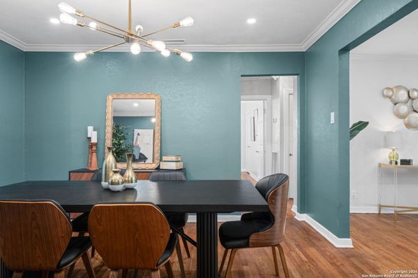 Dining room, Interior, Pendant Lights, Recessed Lighting, Wood Texture Flooring