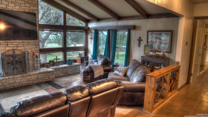 Fireplace, Interior, Living room, Stone Walls, Wooden Beams