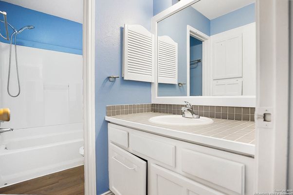 Bathroom, Interior, Tile Countertops, Wood Texture Flooring