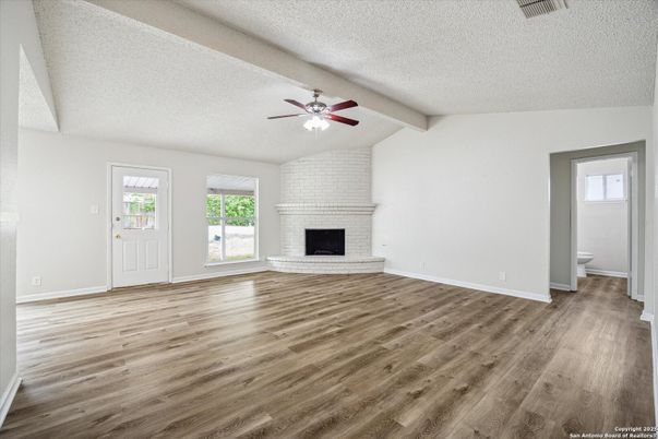 Empty room, Fireplace, Interior, Stone Walls, Wood Texture Flooring