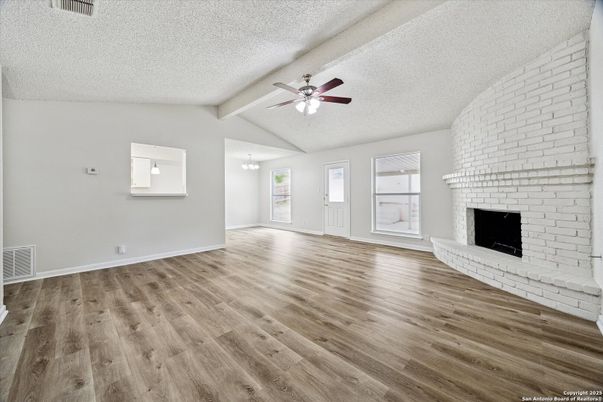 Empty room, Fireplace, Interior, Stone Walls, Wood Texture Flooring