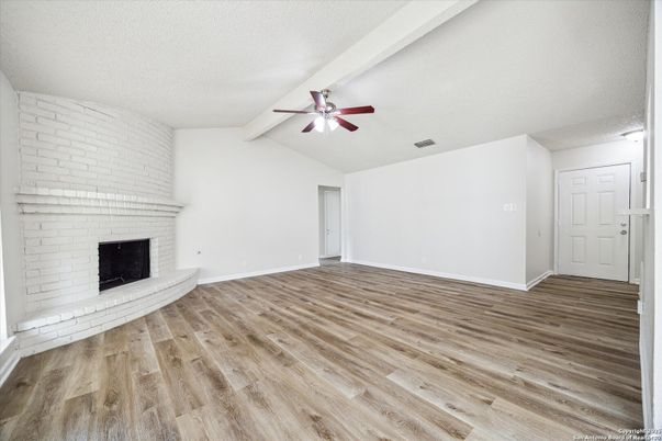 Empty room, Fireplace, Interior, Stone Walls, Wood Texture Flooring