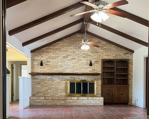 Empty room, Fireplace, Interior, Stone Walls, Wooden Beams