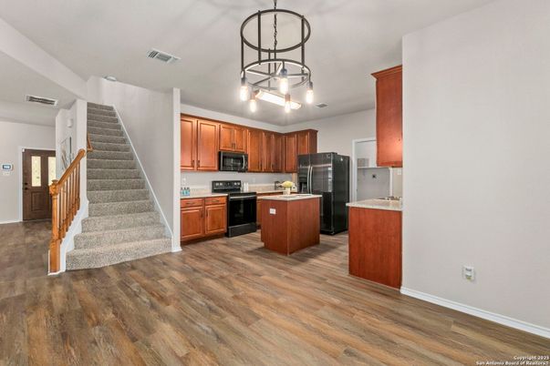 Interior, Kitchen, Pendant Lights, Stainless Steel Appliances, Wood Texture Flooring