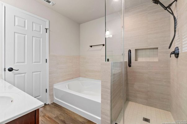 Bathroom, Glass Shower, Interior, Wood Texture Flooring