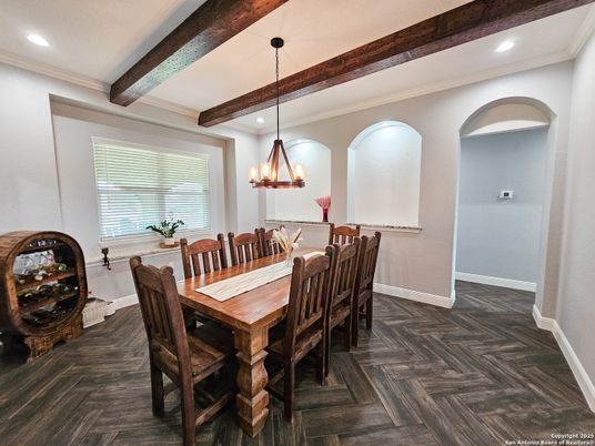 Chandelier, Dining room, Interior, Recessed Lighting, Wooden Beams, Wood Texture Flooring
