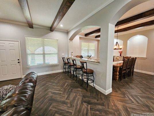 Dining room, Interior, Pendant Lights, Recessed Lighting, Wooden Beams, Wood Texture Flooring