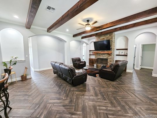 Fireplace, Interior, Living room, Recessed Lighting, Stone Walls, Wooden Beams, Wood Texture Flooring