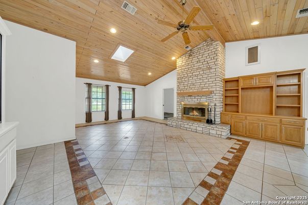 Empty room, Fireplace, Interior, Recessed Lighting, Wooden Ceilings