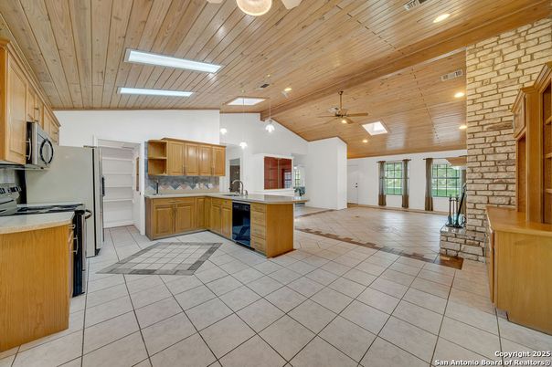 Interior, Kitchen, Recessed Lighting, Stone Walls, Wooden Ceilings