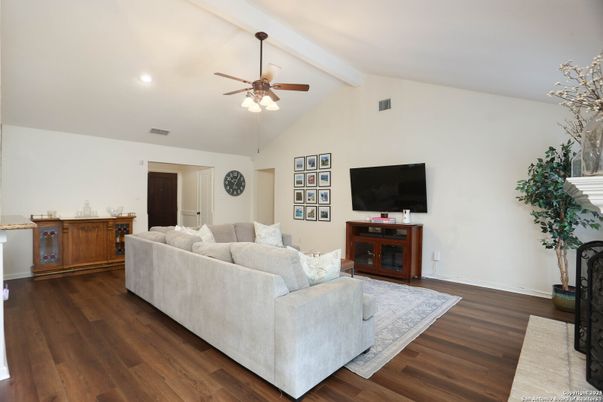 Fireplace, Interior, Living room, Recessed Lighting, Wood Texture Flooring