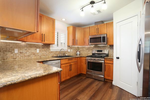 Interior, Kitchen, Recessed Lighting, Stainless Steel Appliances, Wood Texture Flooring