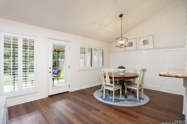 Dining room, Interior, Pendant Lights, Wood Texture Flooring