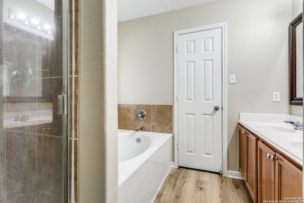 Bathroom, Glass Shower, Interior, Wood Texture Flooring