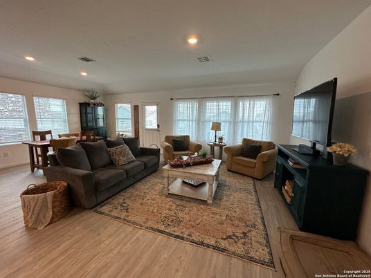 Dining room, Interior, Living room, Recessed Lighting, Wood Texture Flooring