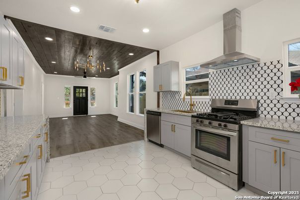 Interior, Kitchen, Recessed Lighting, Stainless Steel Appliances, Wooden Ceilings, Wood Texture Flooring