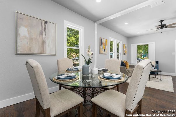Dining room, Interior, Recessed Lighting, Wood Texture Flooring