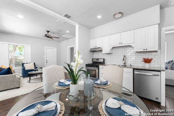 Dining room, Interior, Kitchen, Living room, Recessed Lighting, Stainless Steel Appliances, Wood Texture Flooring