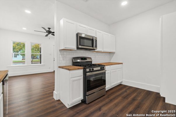 Interior, Kitchen, Recessed Lighting, Stainless Steel Appliances, Wood Texture Flooring