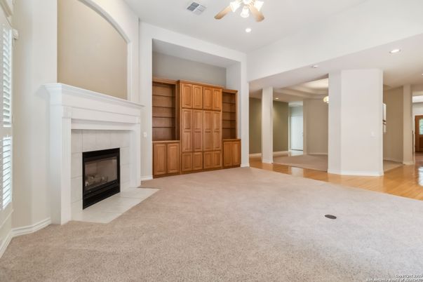 Empty room, Fireplace, Interior, Recessed Lighting, Wood Texture Flooring