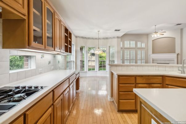 Fireplace, Interior, Kitchen, Pendant Lights, Wood Texture Flooring