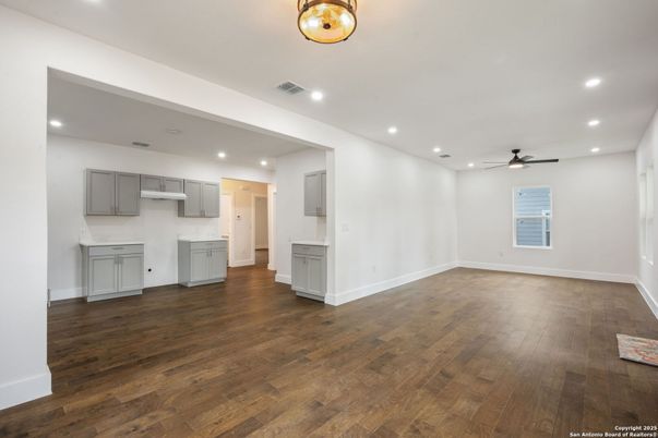 Empty room, Interior, Kitchen, Recessed Lighting, Wood Texture Flooring